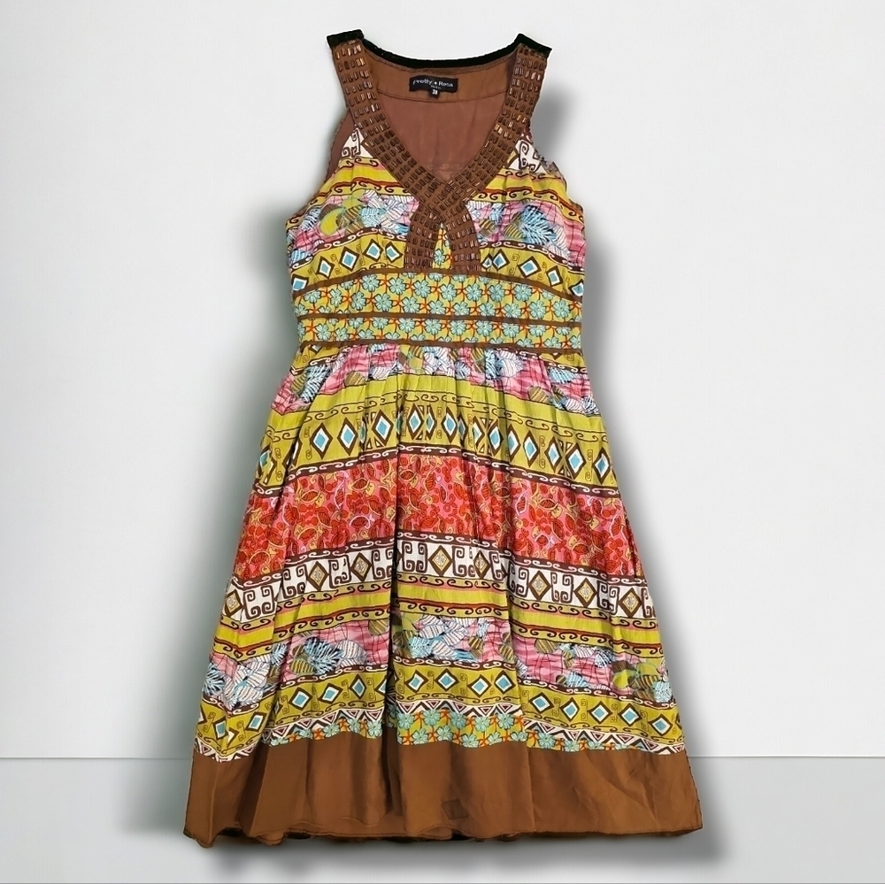 Pretty Rosa Paris Green And Floral Print Cotton Sleeveless Dress - Size 38